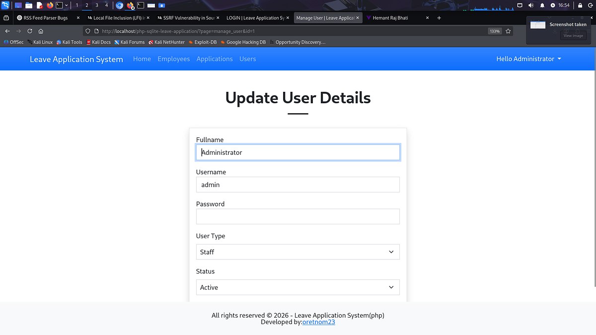 CVE-2026-5326 — A vulnerability was identified in SourceCodester Leave Application System 1.0.…