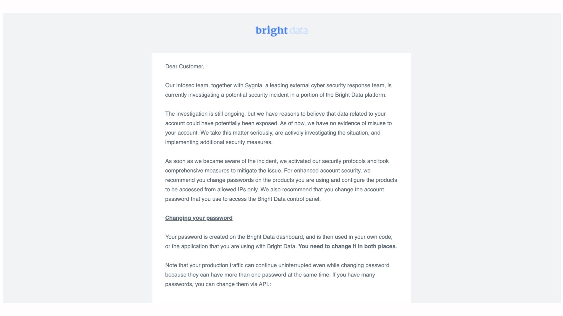 חברת Bright Data הישראלית (שירותי כריית נתונים) מדווחת למשתמשים על חשש לדלף מידע ודרישה לאיפוס…